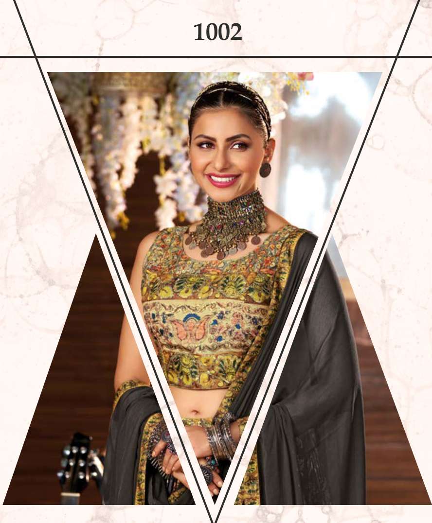 S3 Forever-Dholida-Floral Printe Manipuri Silk Crop Top With Hand Embroidery Work Umbrella Gher Silk Skirt AND Chiffon Dupatta Dupatta-1002-C
